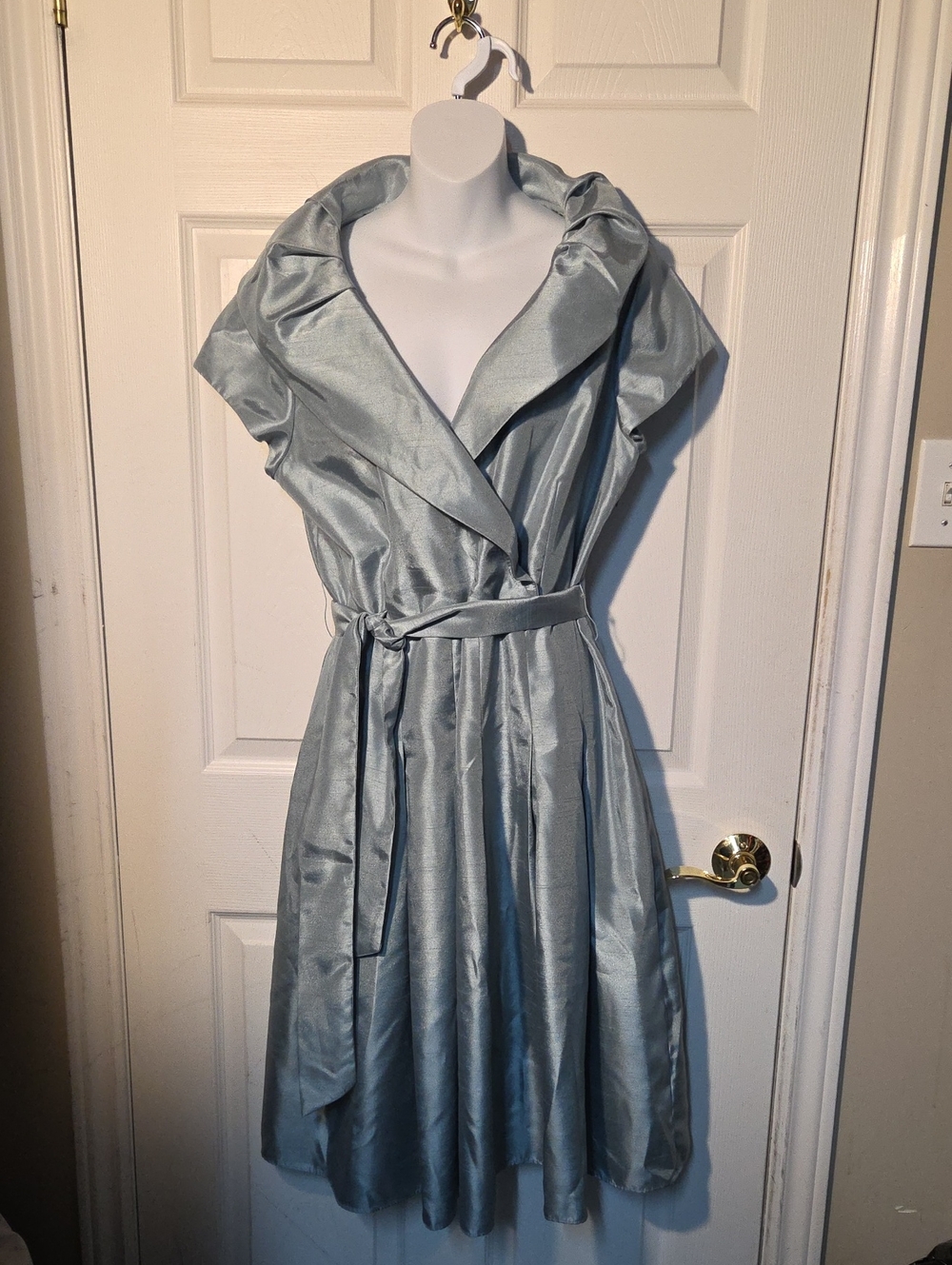 Jessica Howard Silver-Blue Teal Satin Wrap Midi Dress Vintage 1950s